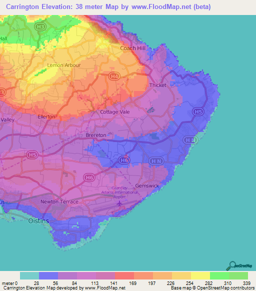 Carrington,Barbados Elevation Map