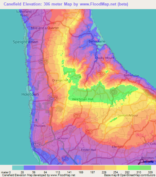 Canefield,Barbados Elevation Map