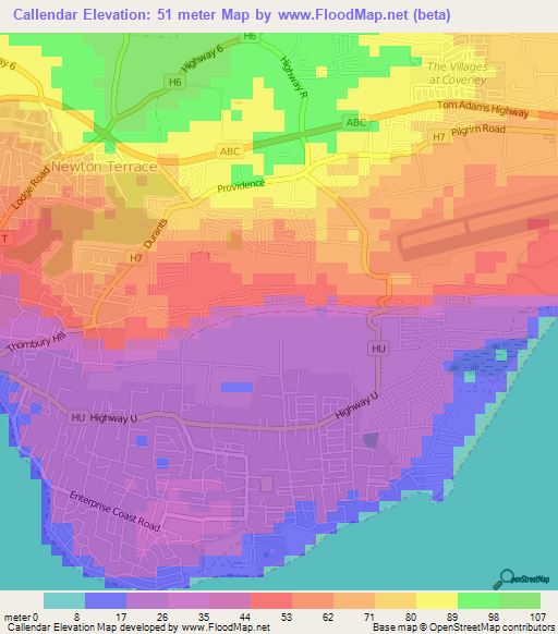 Callendar,Barbados Elevation Map