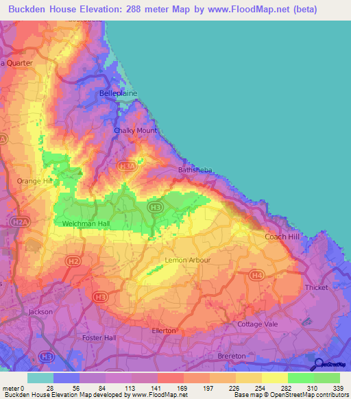 Buckden House,Barbados Elevation Map