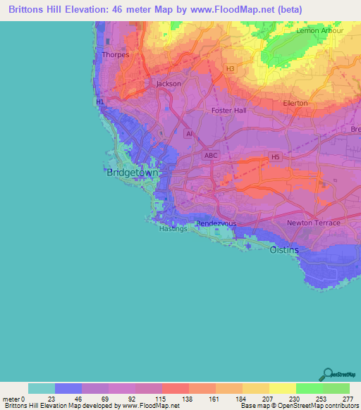 Brittons Hill,Barbados Elevation Map