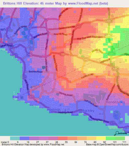 Brittons Hill,Barbados Elevation Map
