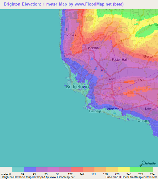 Brighton,Barbados Elevation Map