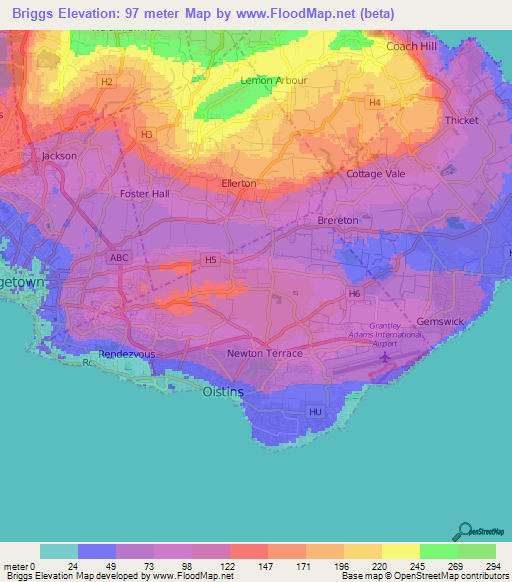 Briggs,Barbados Elevation Map