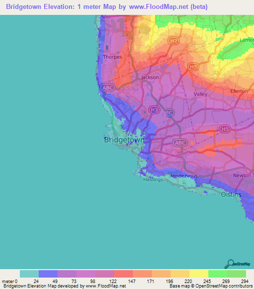 Bridgetown,Barbados Elevation Map