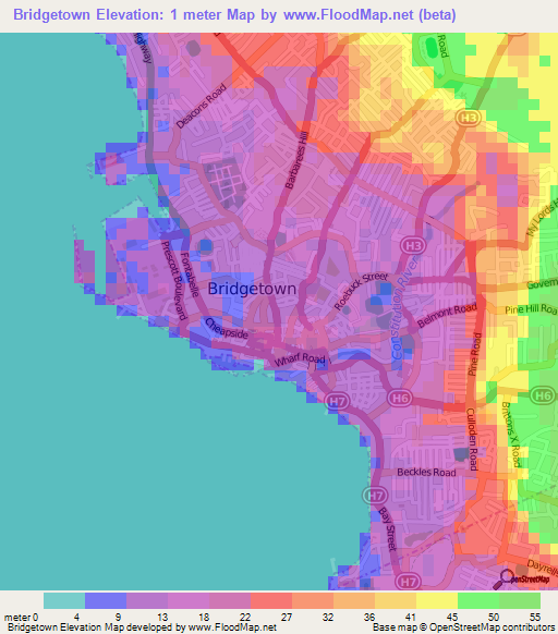 Bridgetown,Barbados Elevation Map
