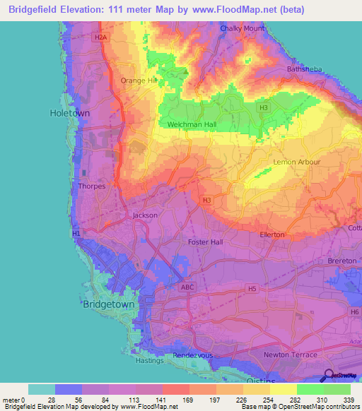 Bridgefield,Barbados Elevation Map