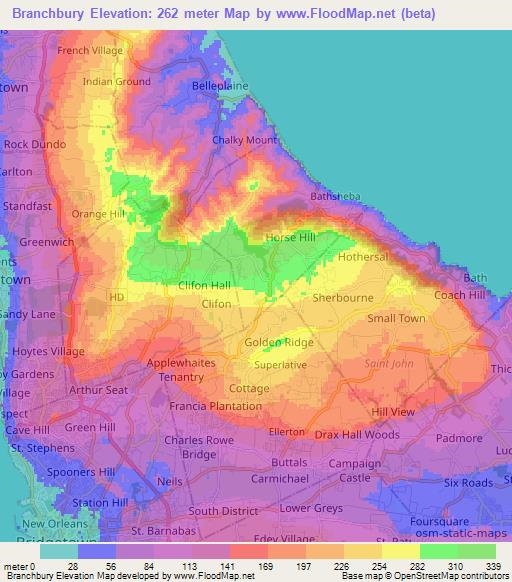 Branchbury,Barbados Elevation Map