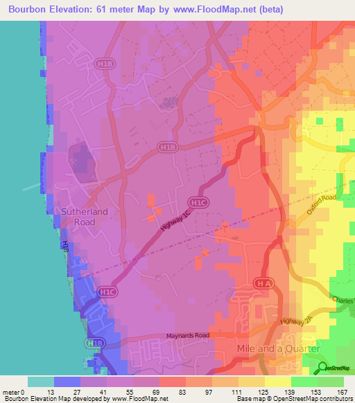 Bourbon,Barbados Elevation Map