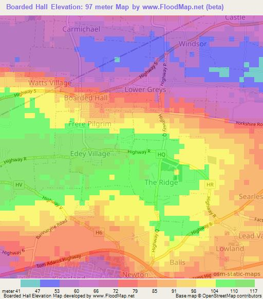 Boarded Hall,Barbados Elevation Map