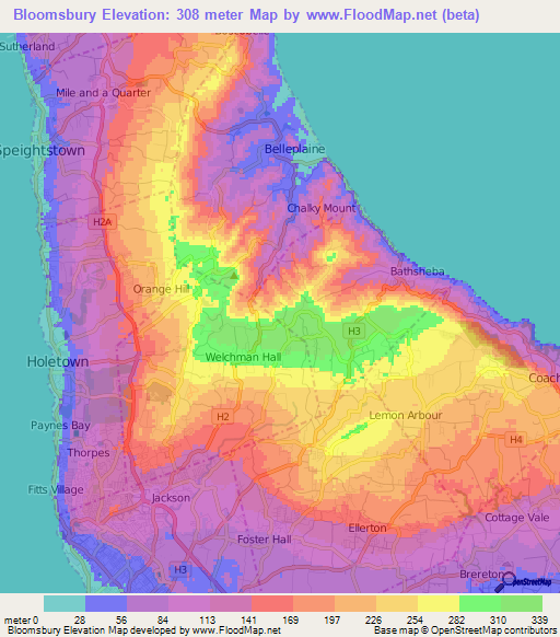 Bloomsbury,Barbados Elevation Map