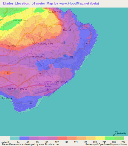 Blades,Barbados Elevation Map