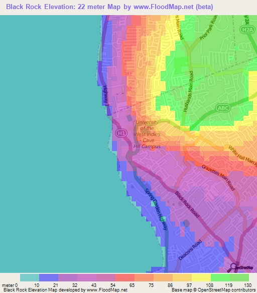 Black Rock,Barbados Elevation Map