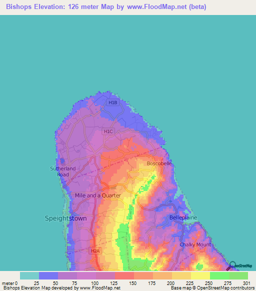 Bishops,Barbados Elevation Map