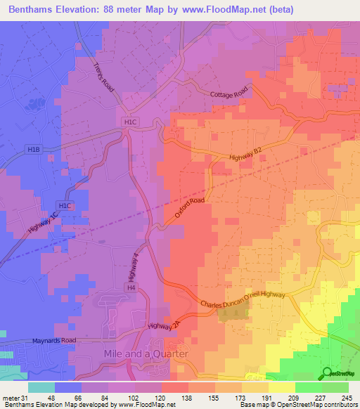 Benthams,Barbados Elevation Map