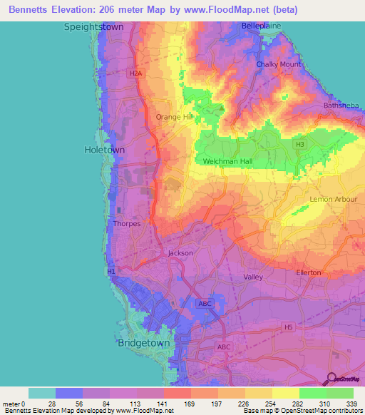 Bennetts,Barbados Elevation Map
