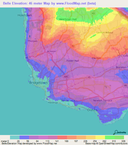 Belle,Barbados Elevation Map