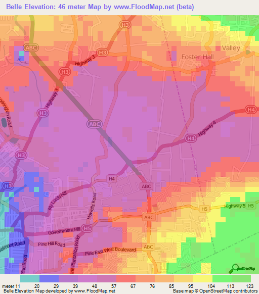 Belle,Barbados Elevation Map