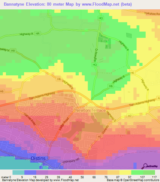 Bannatyne,Barbados Elevation Map