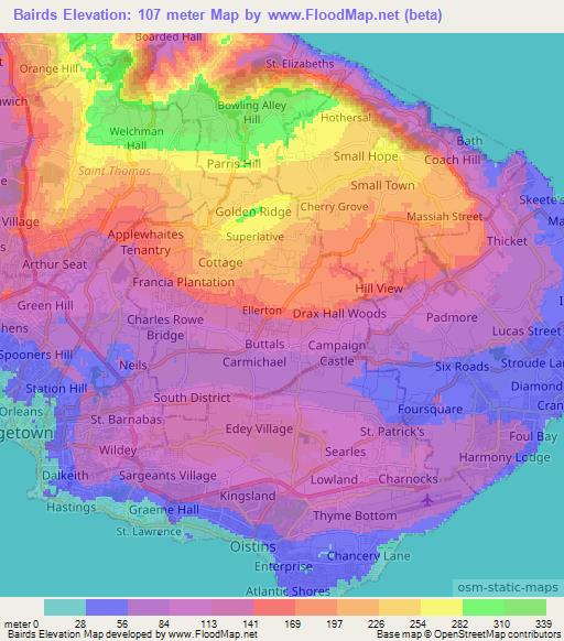 Bairds,Barbados Elevation Map