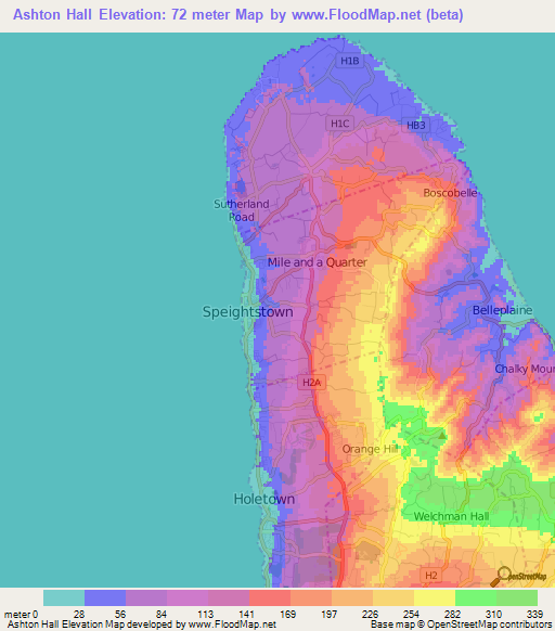 Ashton Hall,Barbados Elevation Map