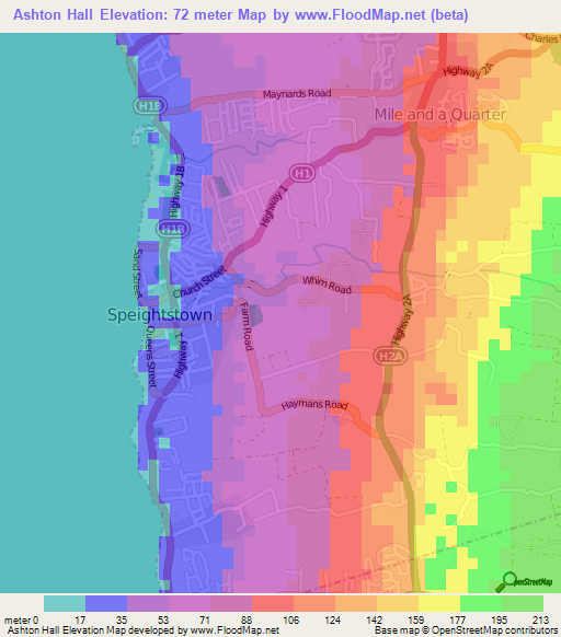 Ashton Hall,Barbados Elevation Map