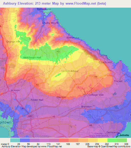 Ashbury,Barbados Elevation Map