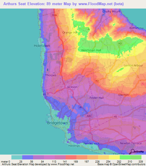 Arthurs Seat,Barbados Elevation Map