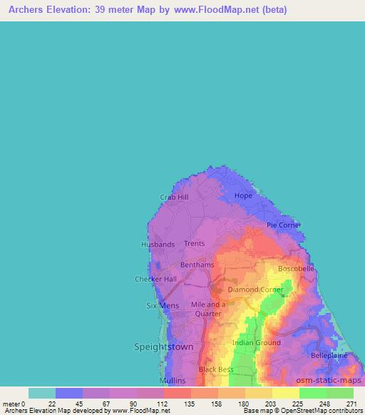 Archers,Barbados Elevation Map