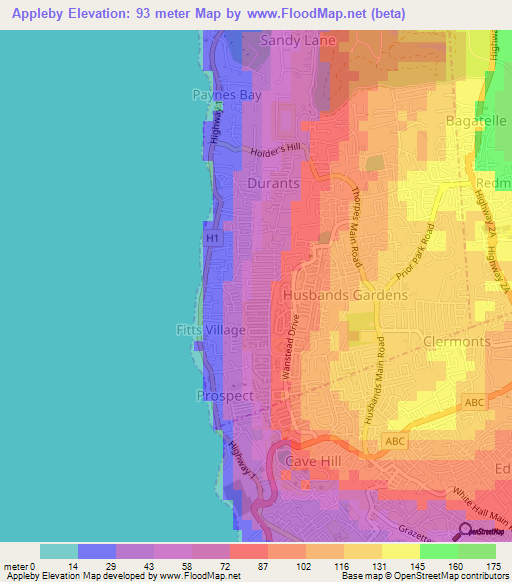 Appleby,Barbados Elevation Map