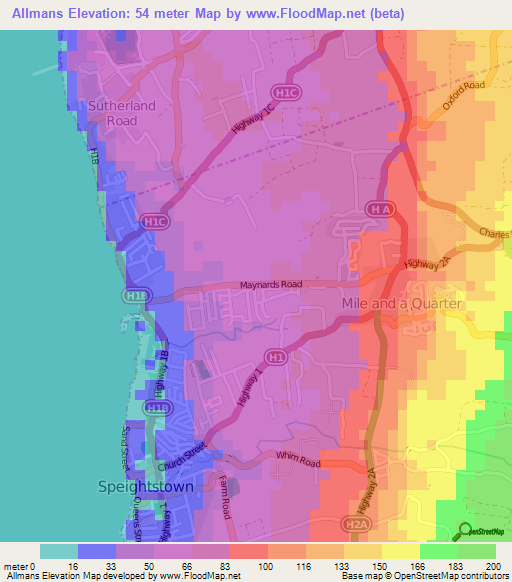 Allmans,Barbados Elevation Map