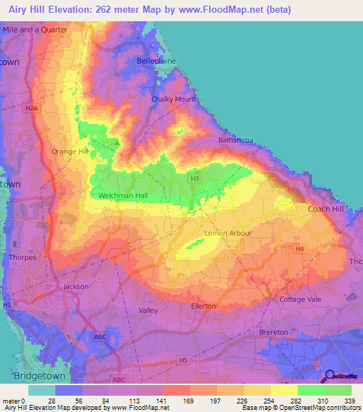 Airy Hill,Barbados Elevation Map