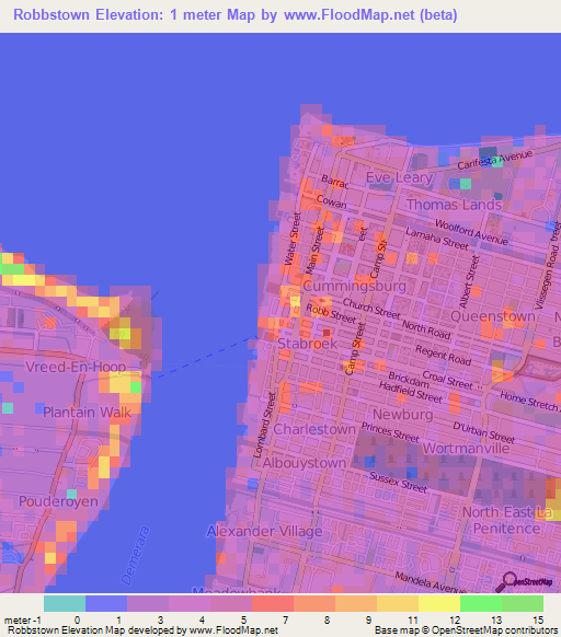Robbstown,Guyana Elevation Map