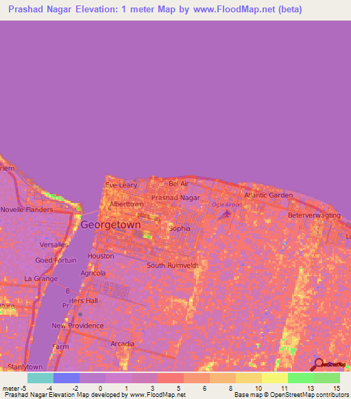 Prashad Nagar,Guyana Elevation Map