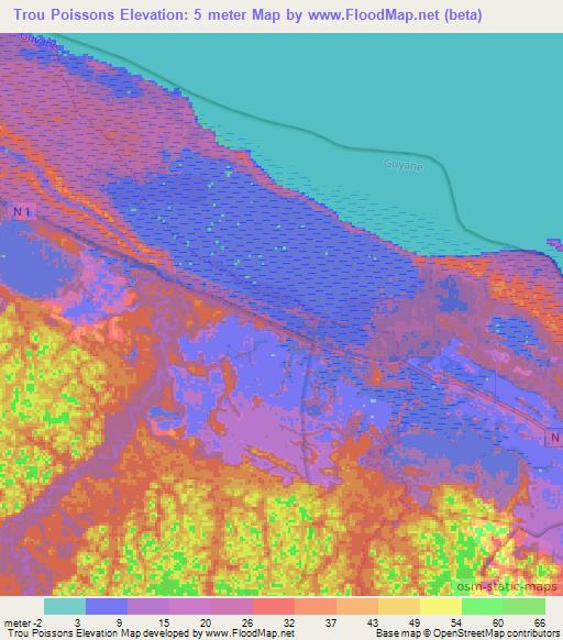 Trou Poissons,French Guiana Elevation Map