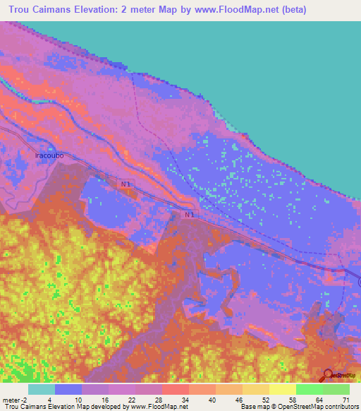 Trou Caimans,French Guiana Elevation Map