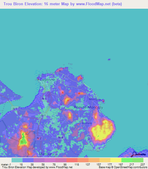 Trou Biron,French Guiana Elevation Map
