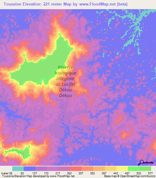 Toussine,French Guiana Elevation Map
