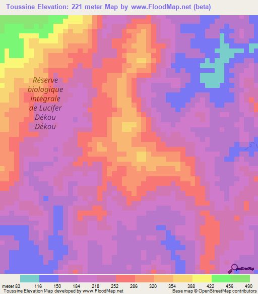Toussine,French Guiana Elevation Map