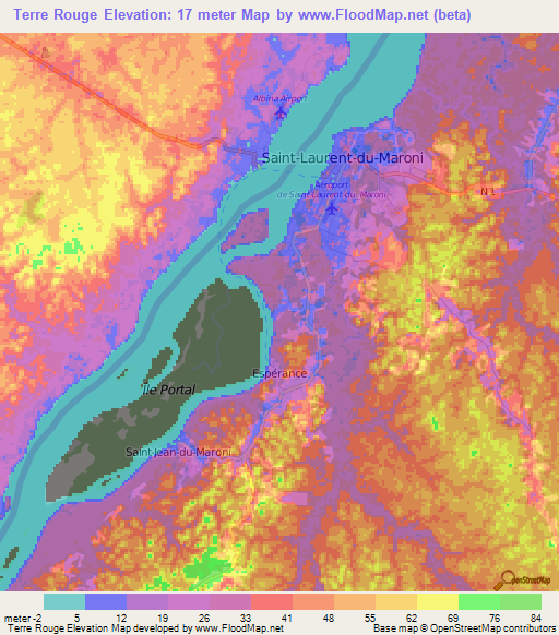 Terre Rouge,French Guiana Elevation Map