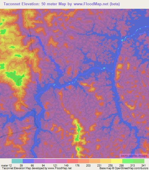 Taconnet,French Guiana Elevation Map