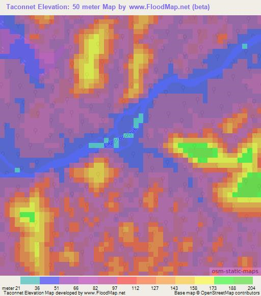 Taconnet,French Guiana Elevation Map