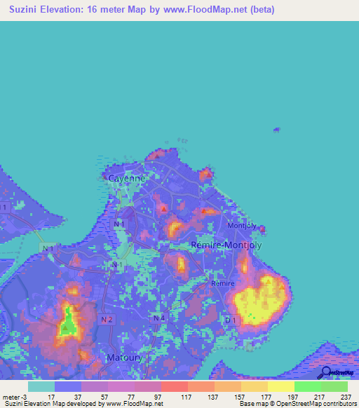Suzini,French Guiana Elevation Map