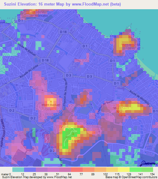 Suzini,French Guiana Elevation Map