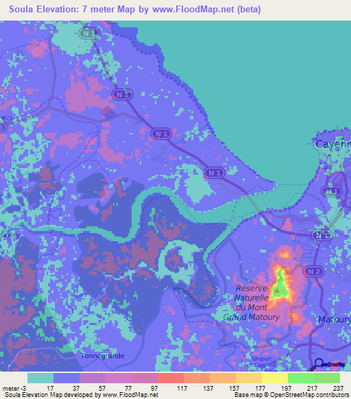 Soula,French Guiana Elevation Map