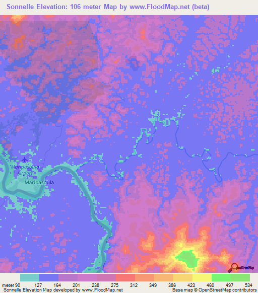 Sonnelle,French Guiana Elevation Map