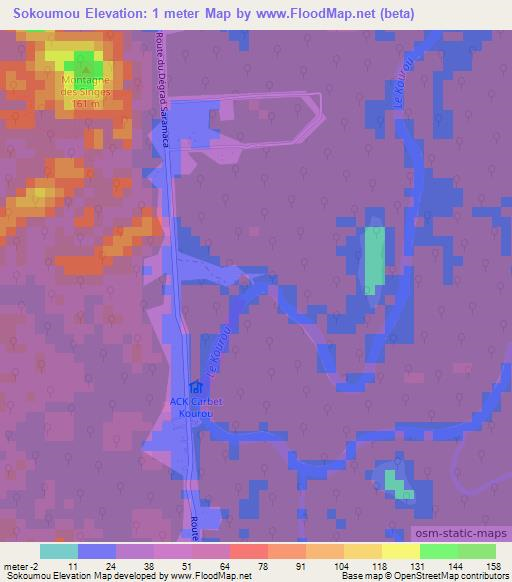 Sokoumou,French Guiana Elevation Map