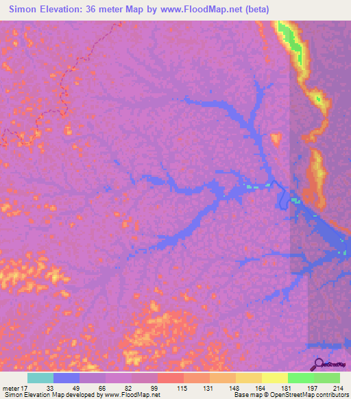 Simon,French Guiana Elevation Map