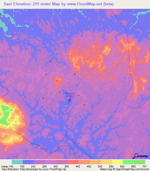 Saul,French Guiana Elevation Map