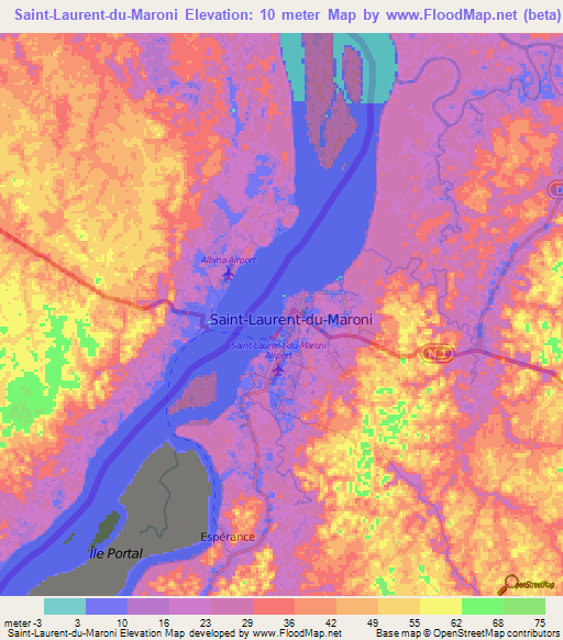 Saint-Laurent-du-Maroni,French Guiana Elevation Map